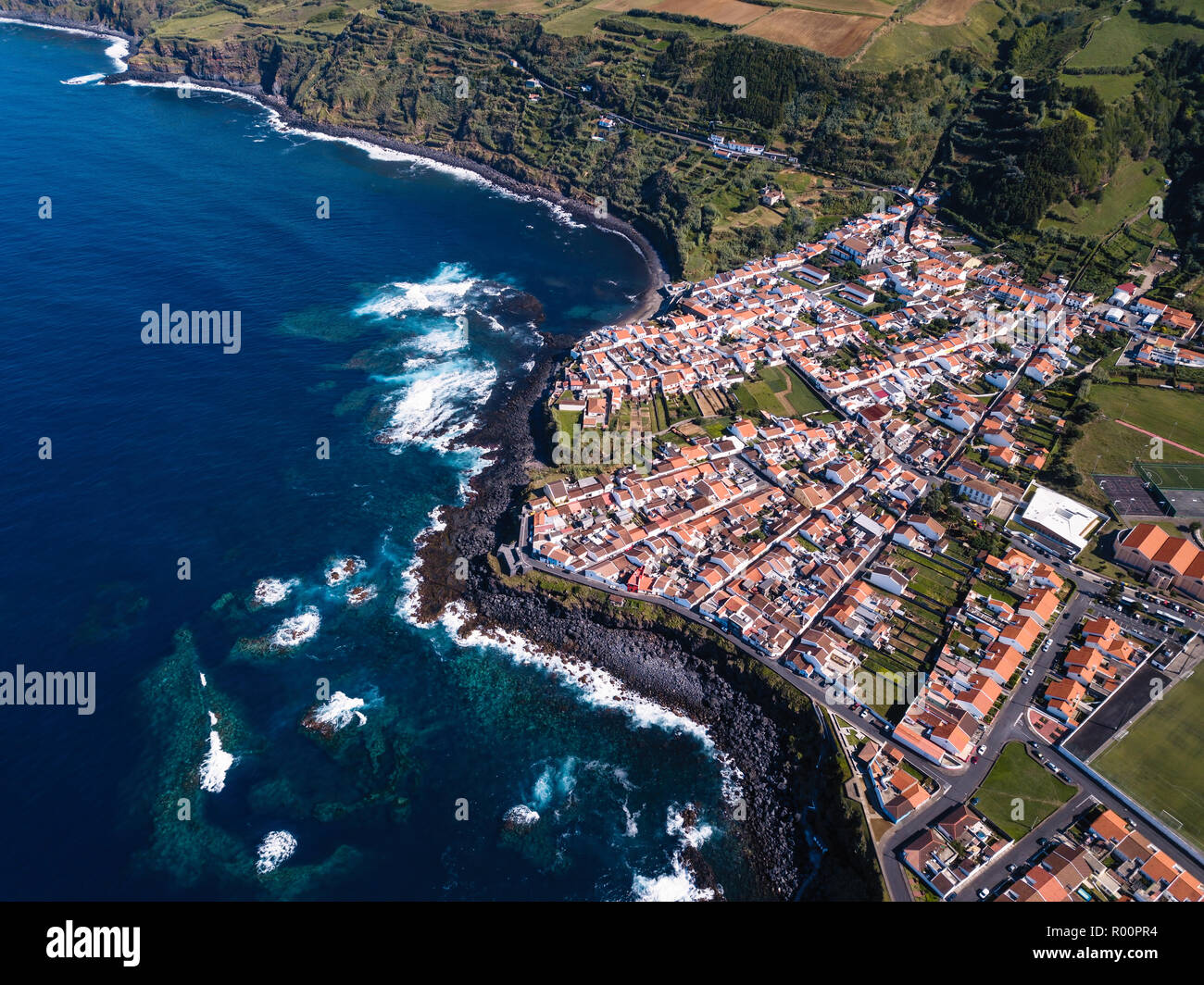 Aerial view of ocean surf on the San Miguel island reefs coast, Azores ...