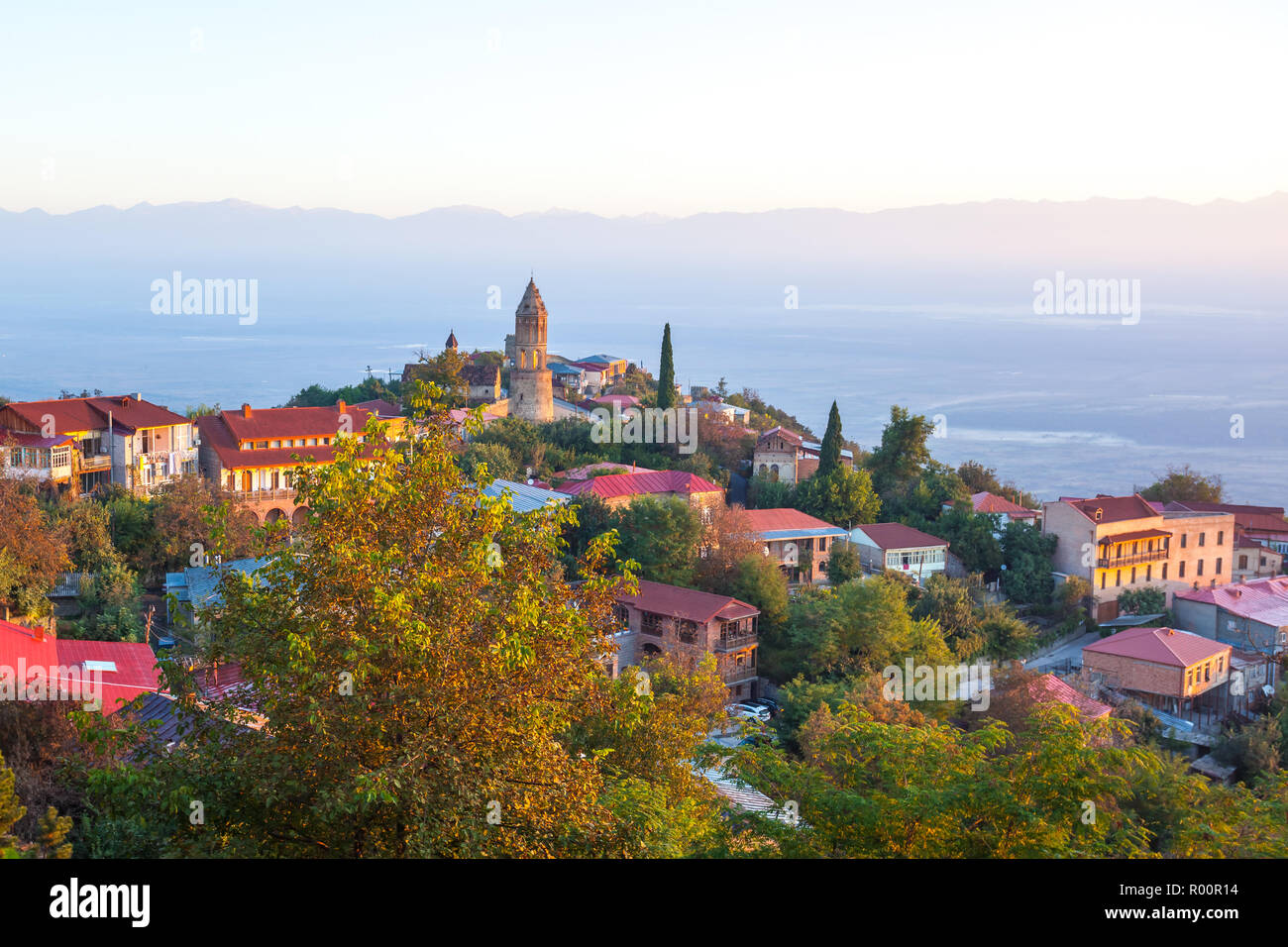 Signahi Signagi or Sighnaghi city in Kakheti region in Georgia, sunrise in ...