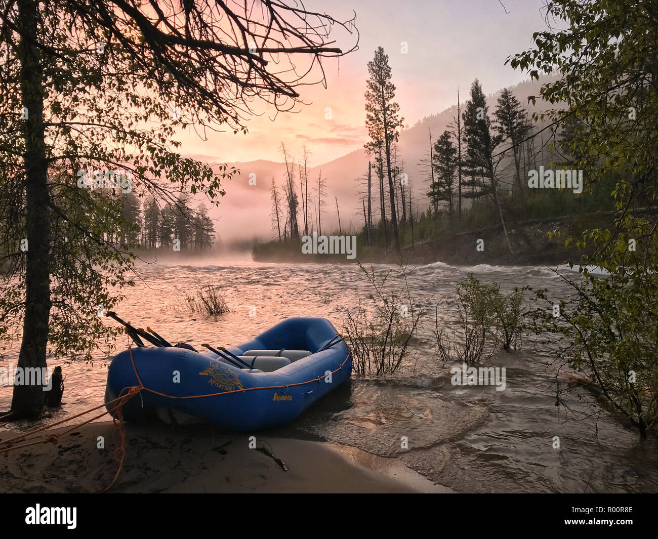 Sunrise at camp on the Middle Fork Salmon River in Idaho with Far And Away Adventures. Stock Photo