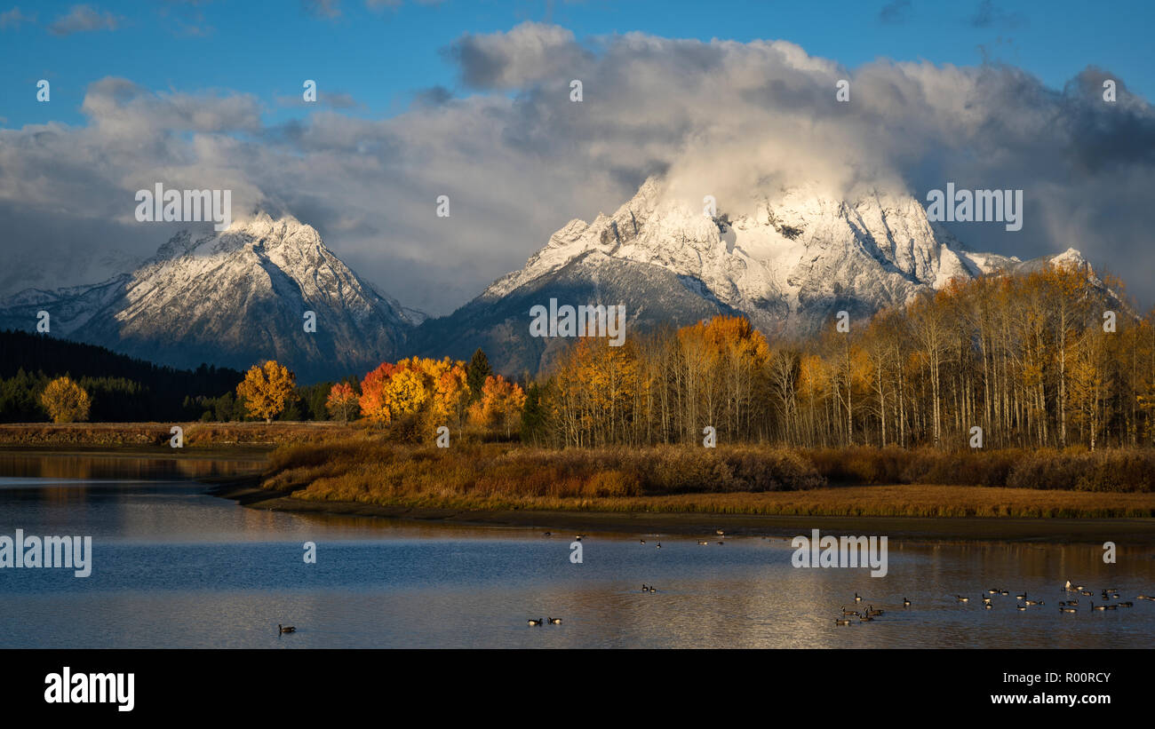 Mount Moran and the Teton Range from Oxbow Bend on the Snake River in Grand Teton National Park, Wyoming. Stock Photo