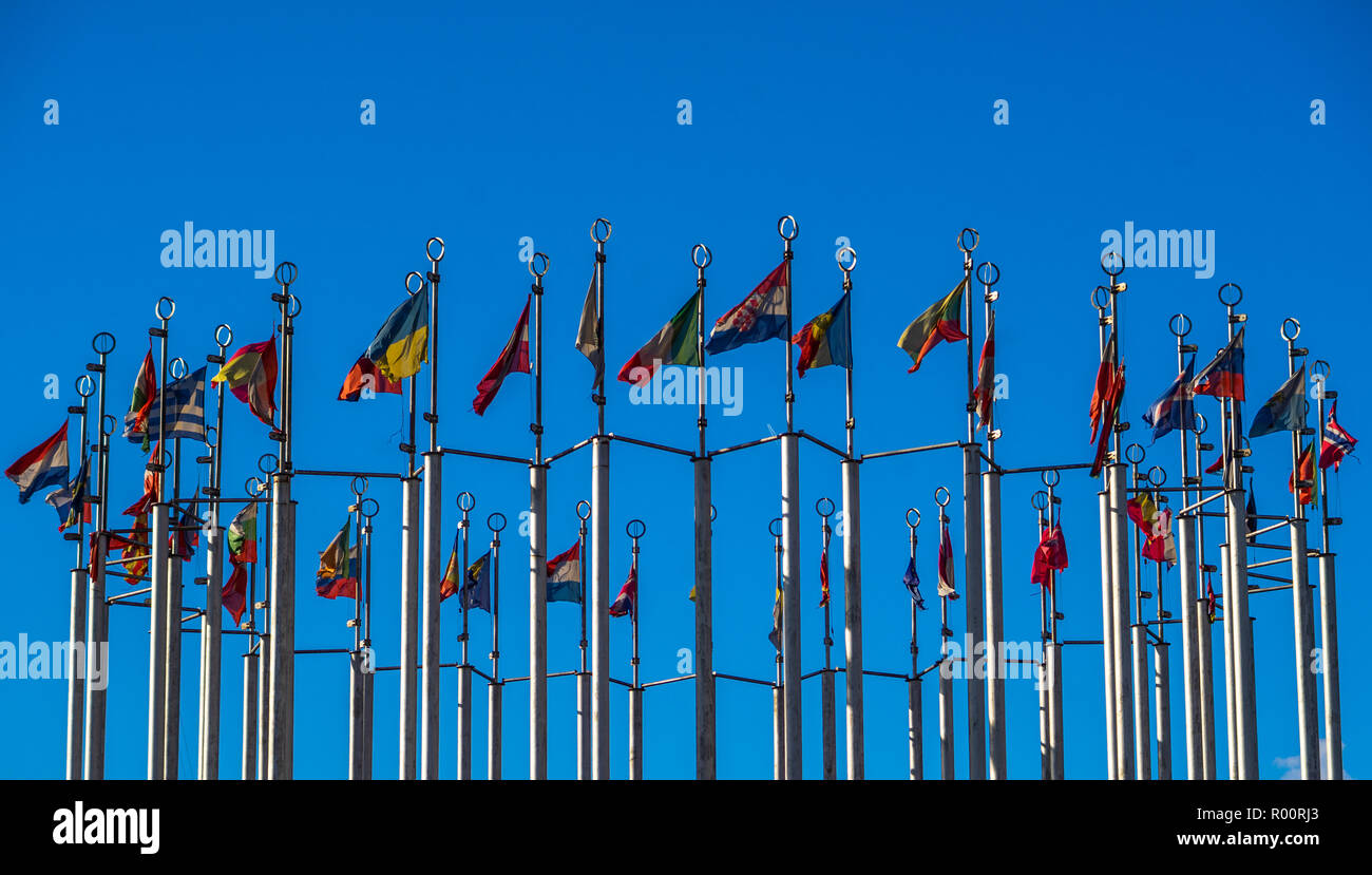 Flags of European countries on flagpoles against the blue sky Stock ...