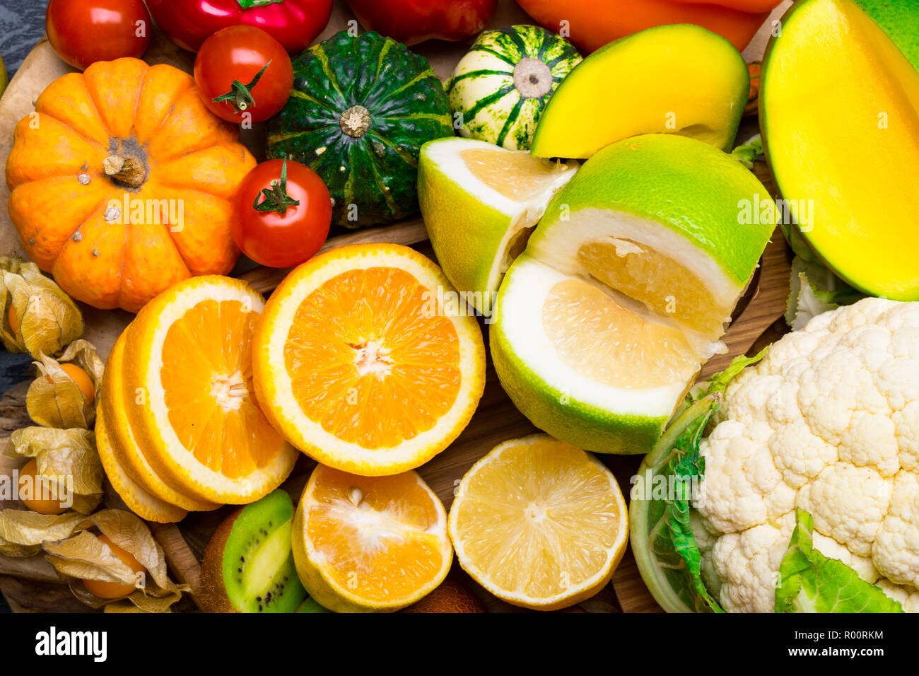 various fresh fruits and vegetables, rich in vitamin health concept