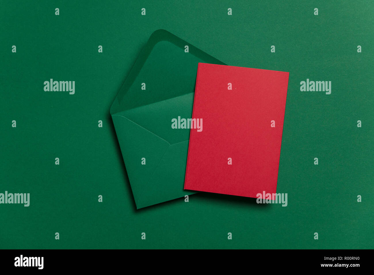 Blank red card with green paper envelope Christmas card template mock ...