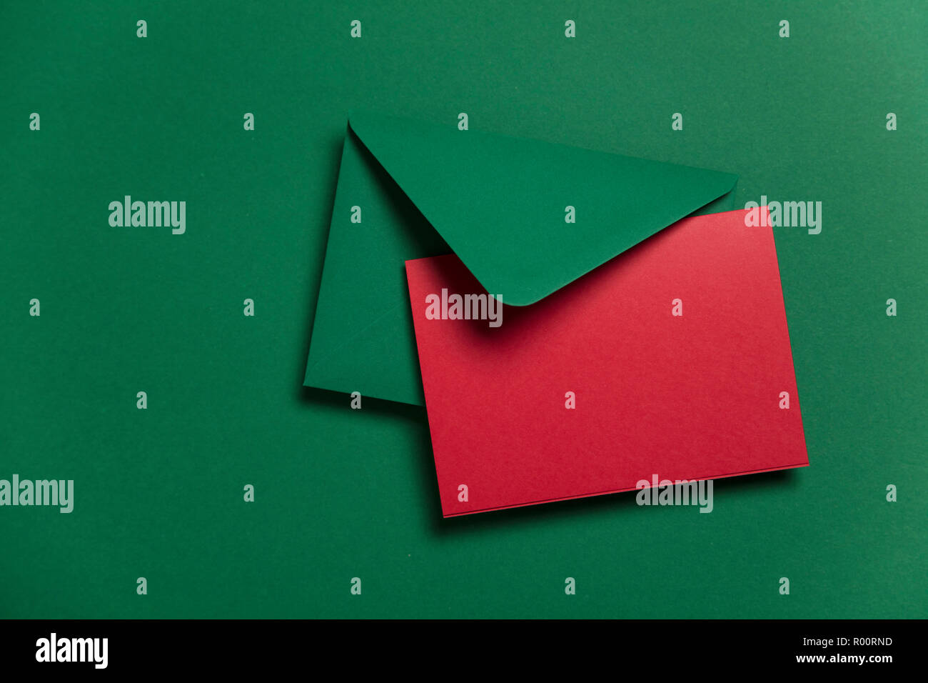 Blank red card with green paper envelope Christmas card template mock ...