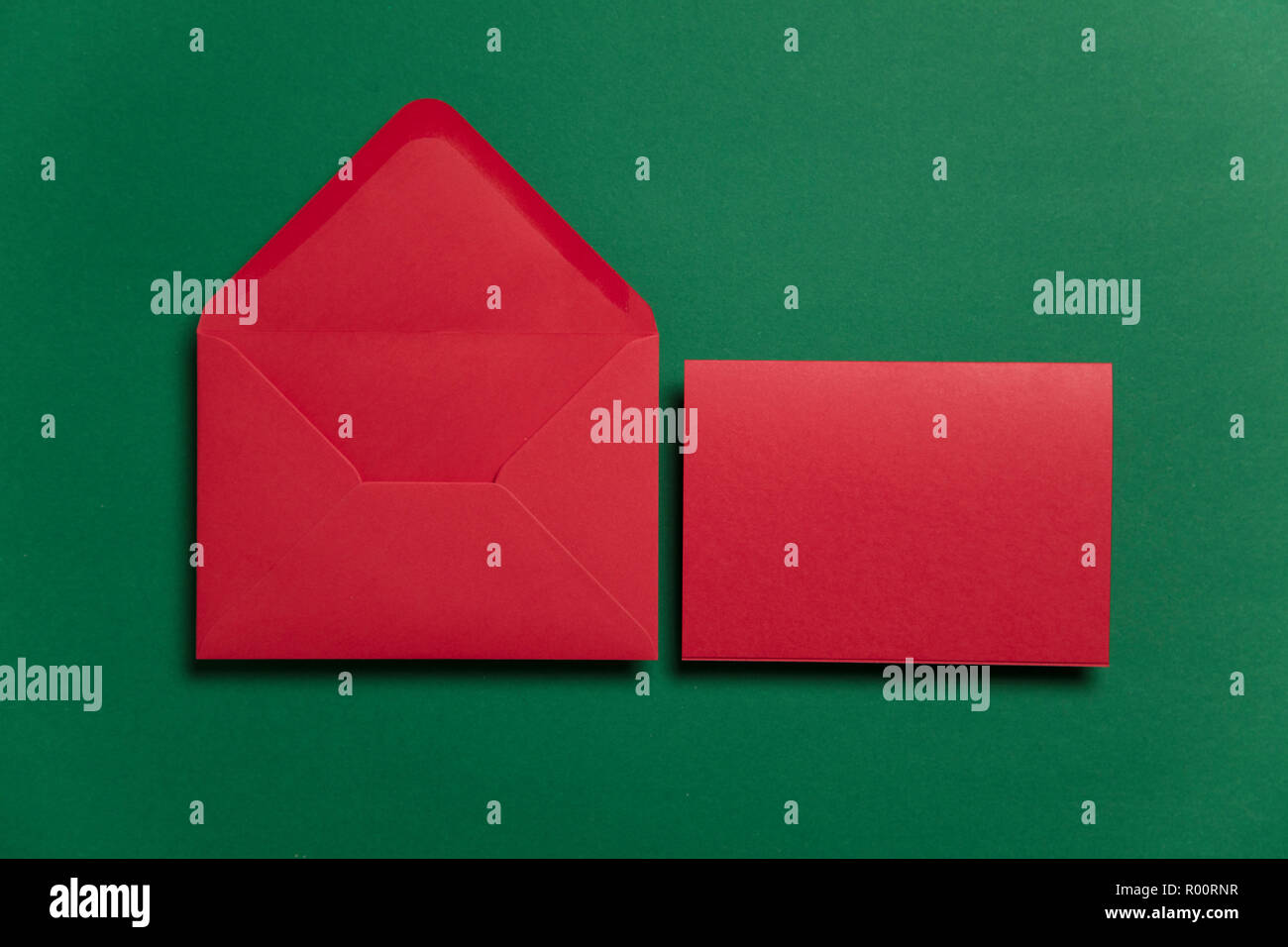 Blank red card with red paper envelope Christmas card template mock up ...