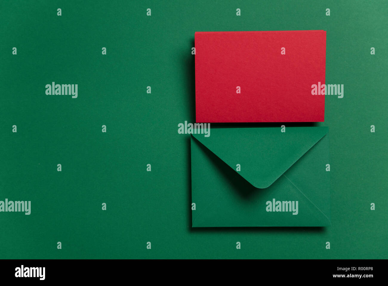 Blank red card with green paper envelope Christmas card template mock ...
