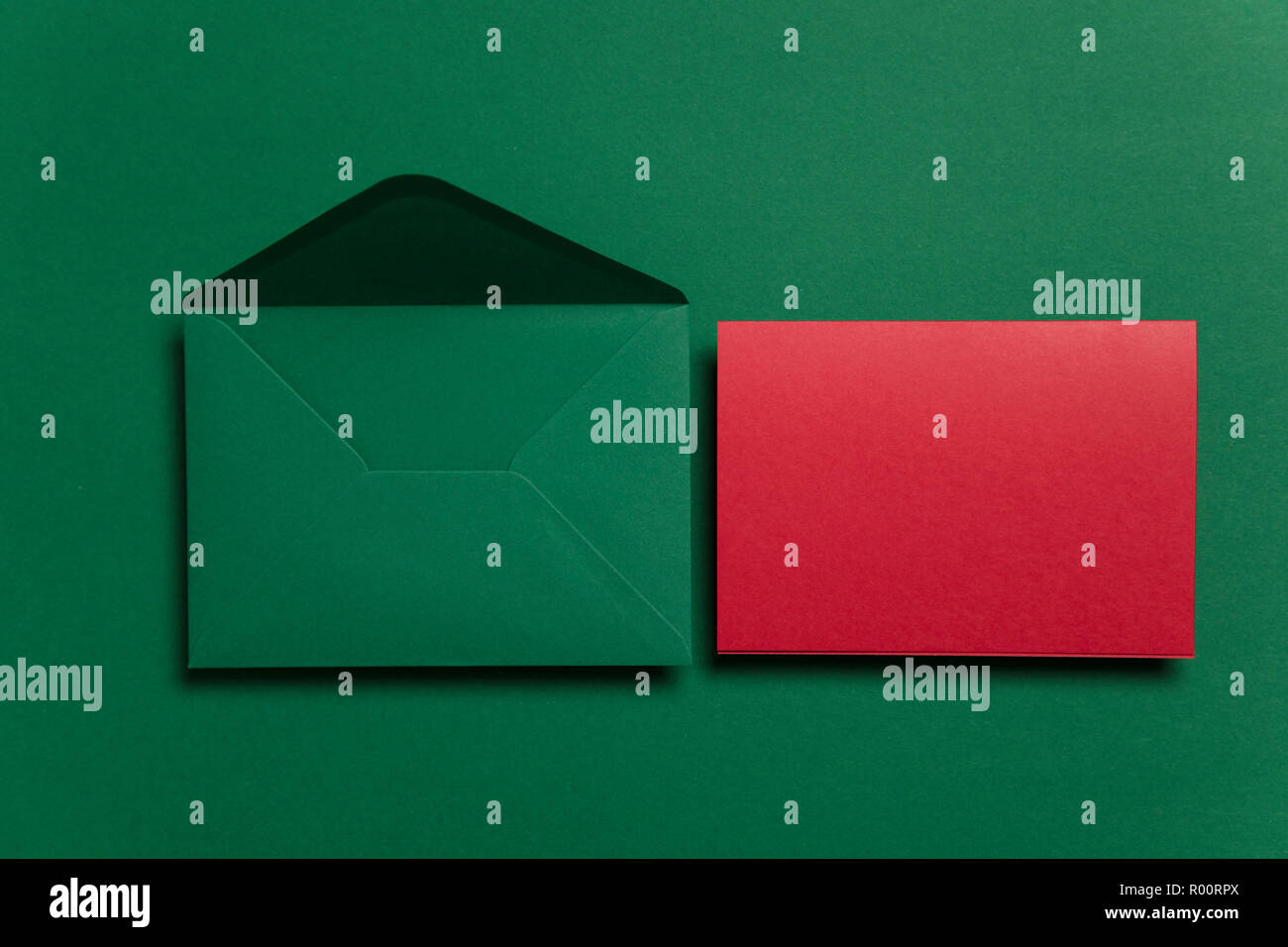 Blank red card with green paper envelope Christmas card template mock ...