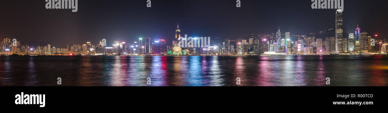 Panoramic view of Hong Kong City at night. Skyline Panorama Stock Photo ...