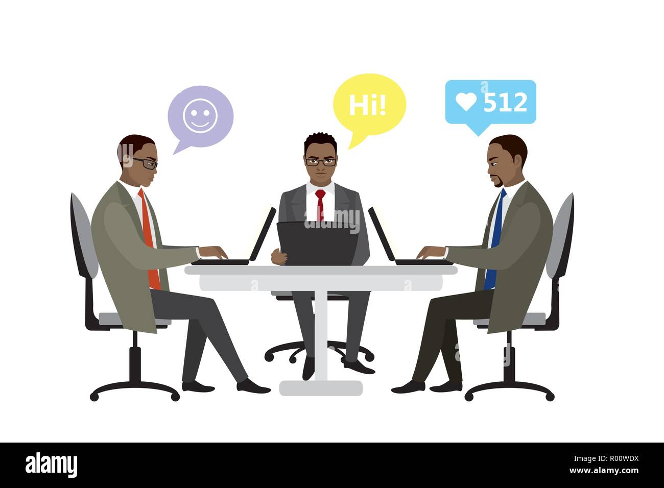 African american Office workers or business people sitting at the table.Social network chatting. Working On laptop .Teamwork. Cartoon vector illustrat Stock Vector