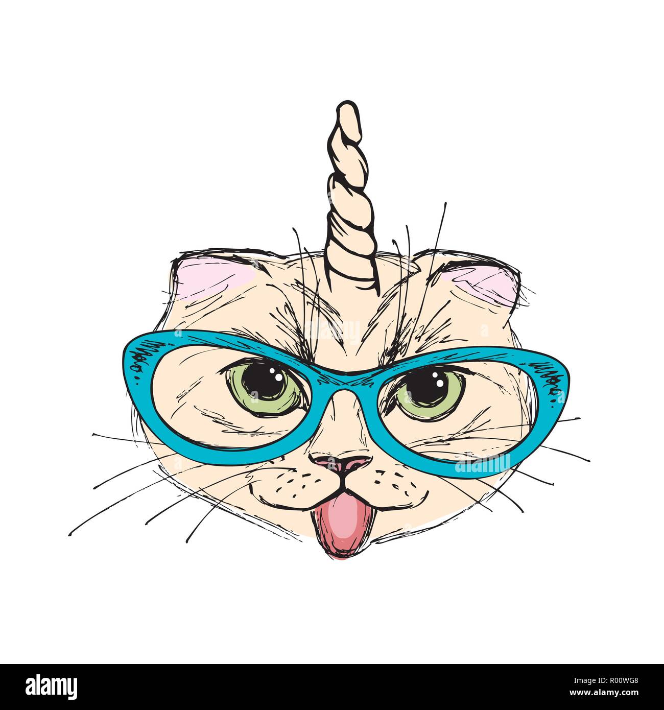 Fashion Portrait- Unicat,cute cat with horn,isolated on white background,hand drawn vector illustration Stock Vector