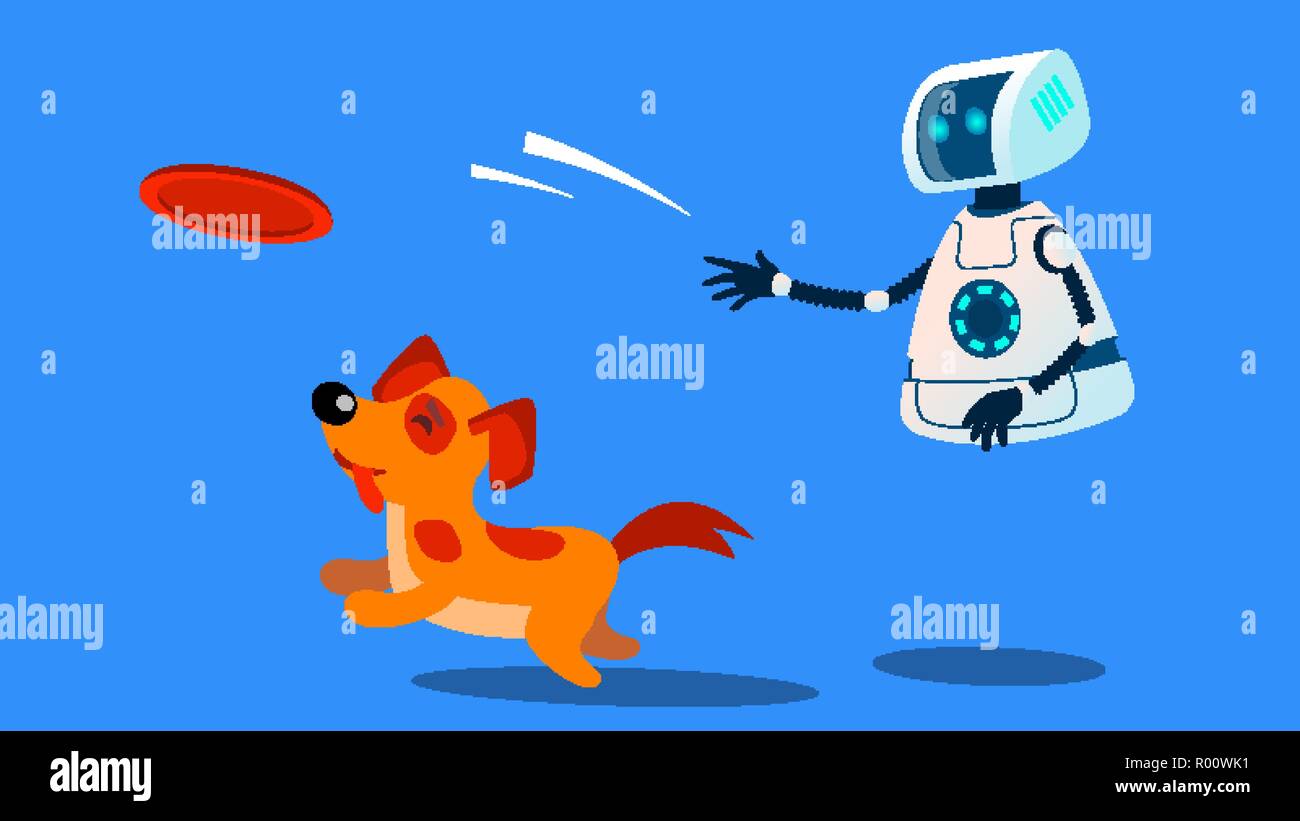 Robot Dogwalker Playing With A Dog Vector. Isolated Illustration Stock Vector