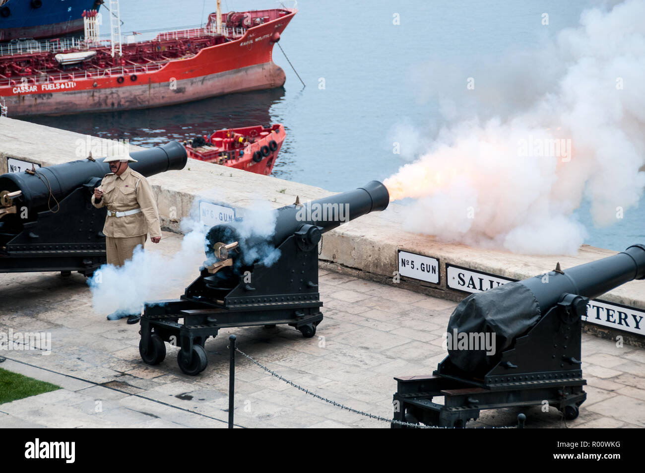 Around Malta Noon Day gun firing, Saluting Battery, Valletta Stock Photo Alamy