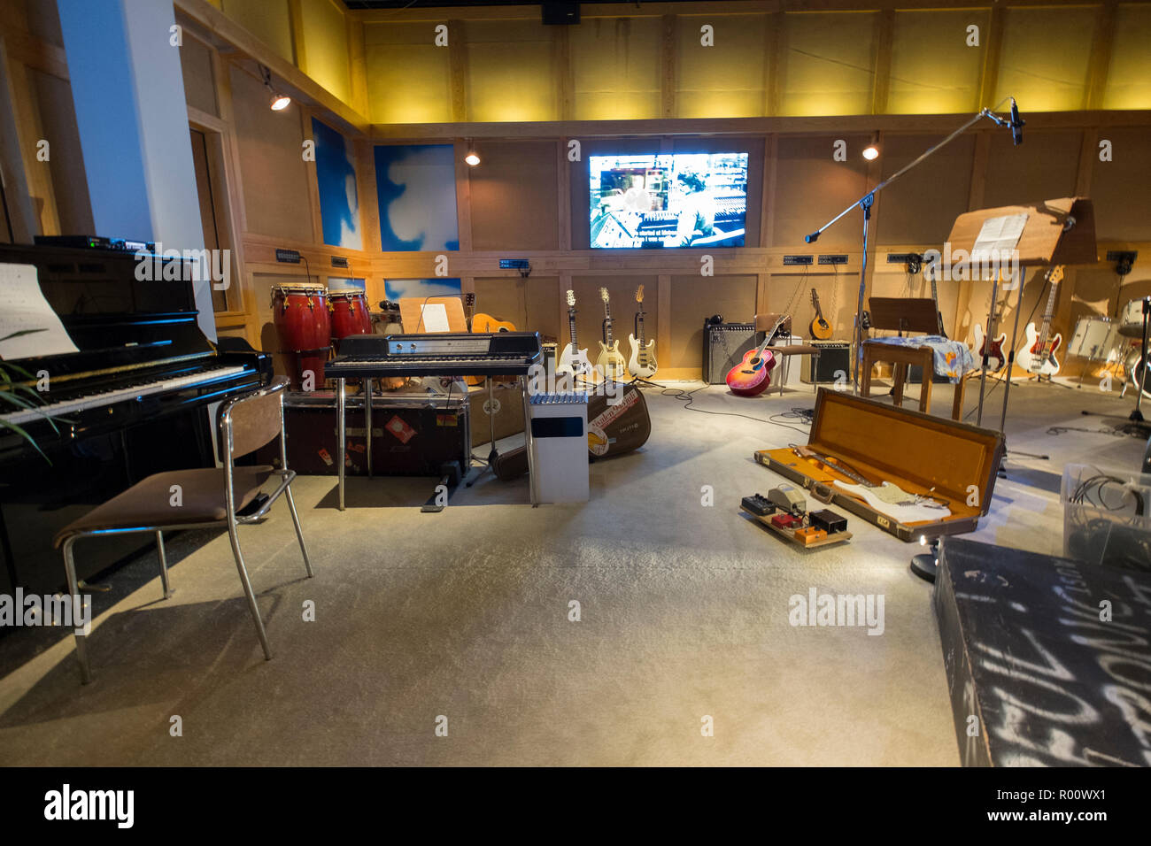 A recreation of the band's music recording studio, with various musical  instruments. At the Abba Museum in Stockholm, Sweden Stock Photo - Alamy