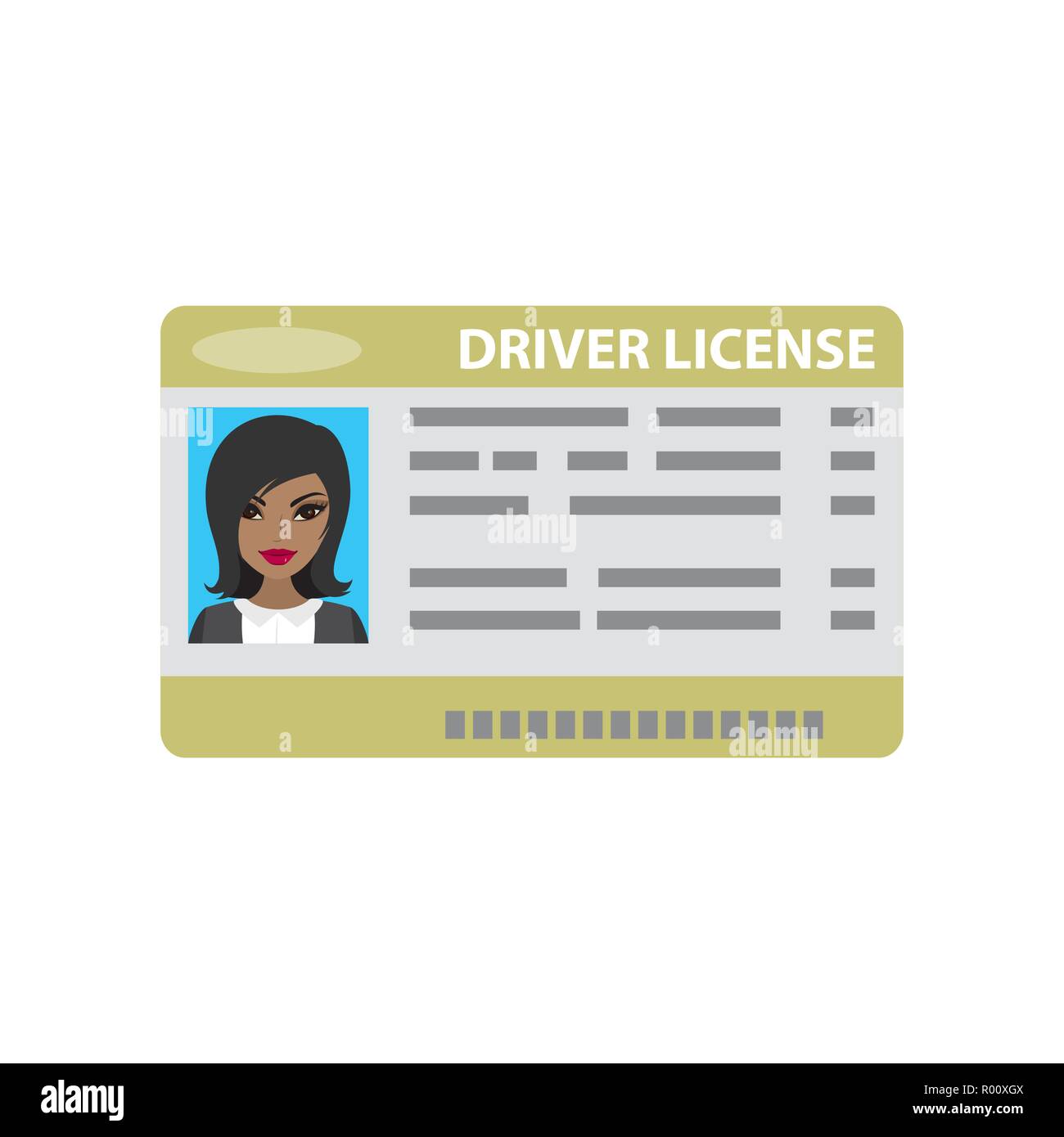 Driver license with female photo,isolated on white background,cartoon vector illustration. Stock Vector