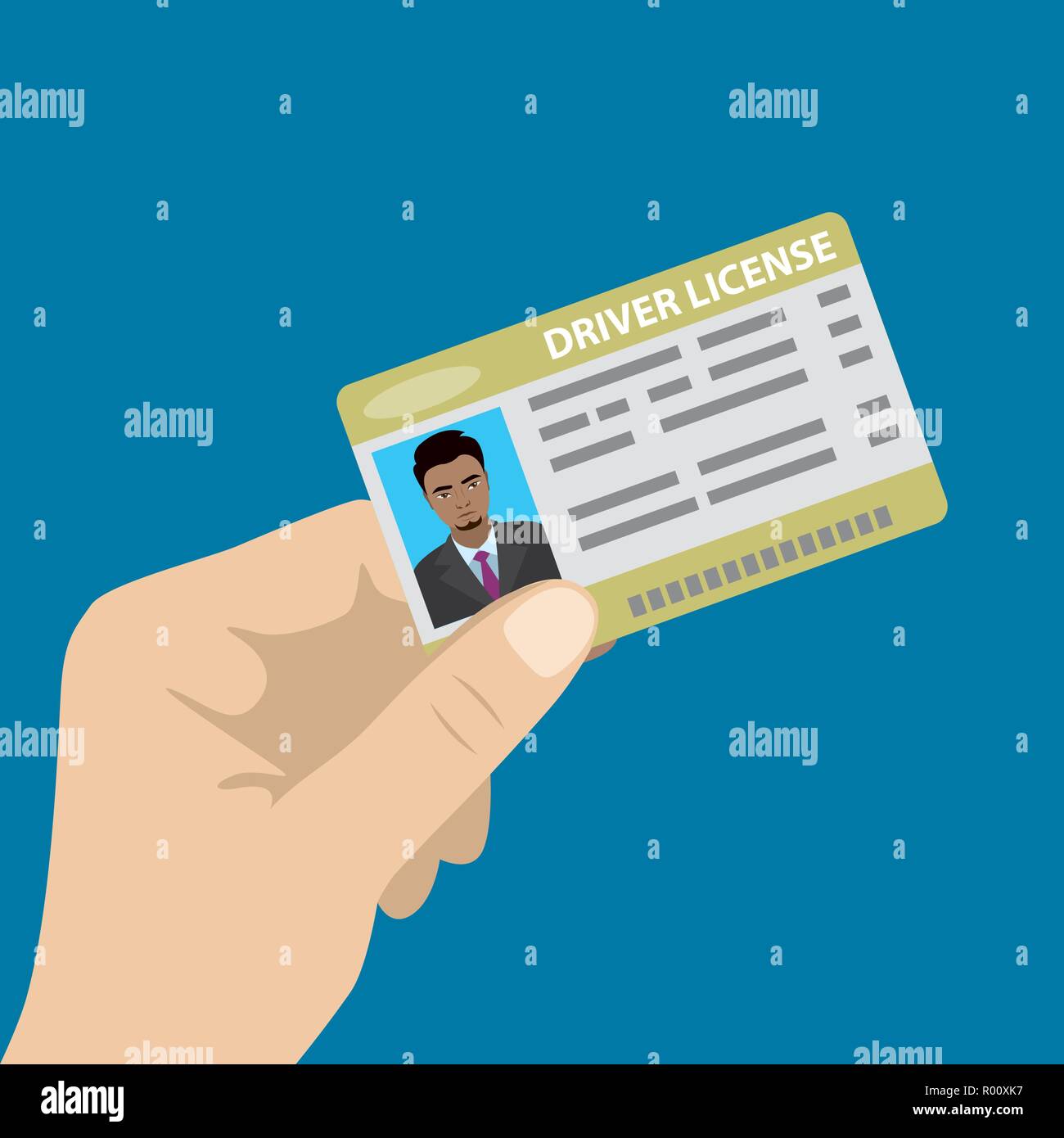 Hand holding driver license with male photo,isolated on blue background,cartoon vector illustration Stock Vector