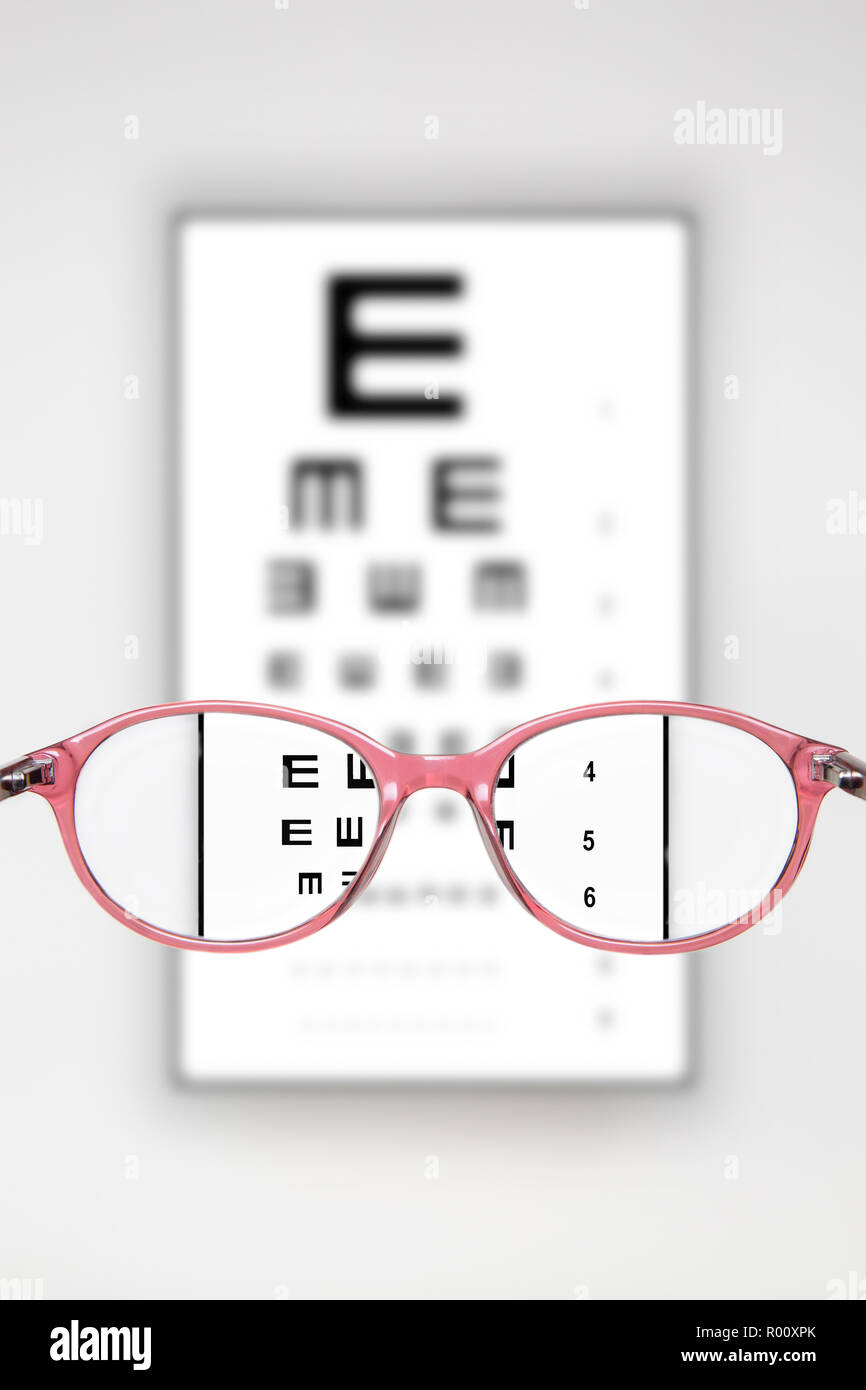 Exam view with optometric table and red glasses Stock Photo