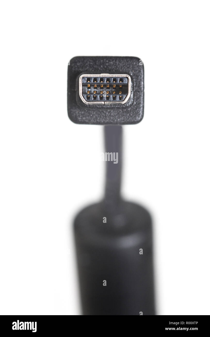 Detail of the head of a black mini usb cable with ferrite bead Stock Photo