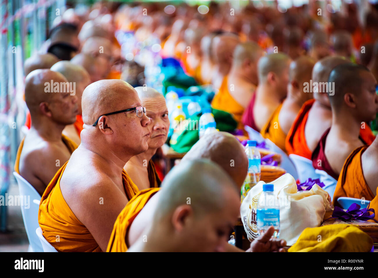 CHIANG MAI, THAILAND - JULY 18, 2016: Monks gathering at Wat Chedi Luang Temple during the buddhist celebration. Holy center in Chiang Mai Stock Photo