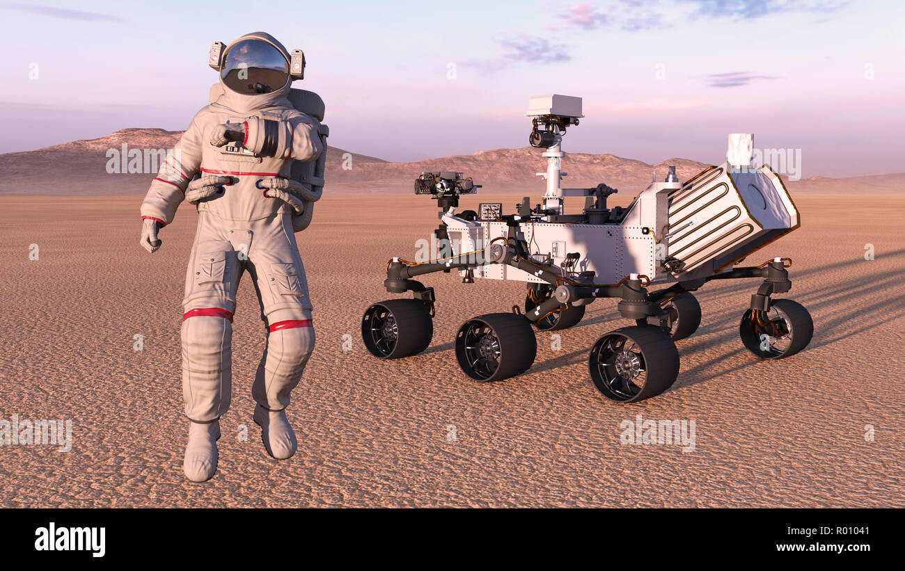 Astronaut with mars rover, cosmonaut next to robotic space autonomous vehicle on a deserted planet, 3D rendering Stock Photo
