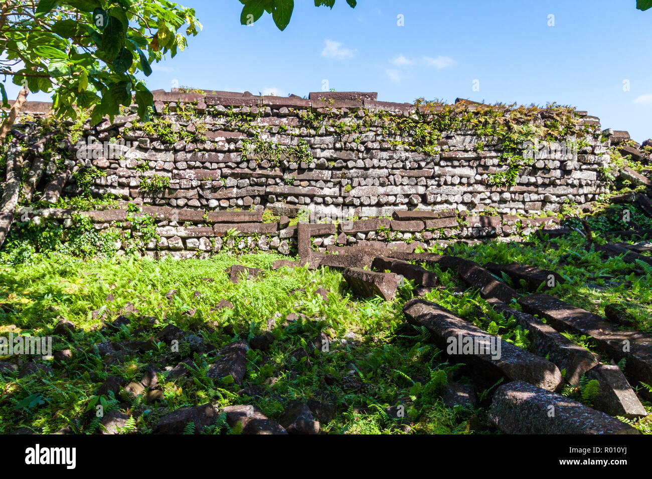Inside Nan Madol walls: central Nandauwas part: masonry (stonework) of large basalt slabs, ruins in the jungle, Pohnpei island, Micronesia, Oceania. Stock Photo