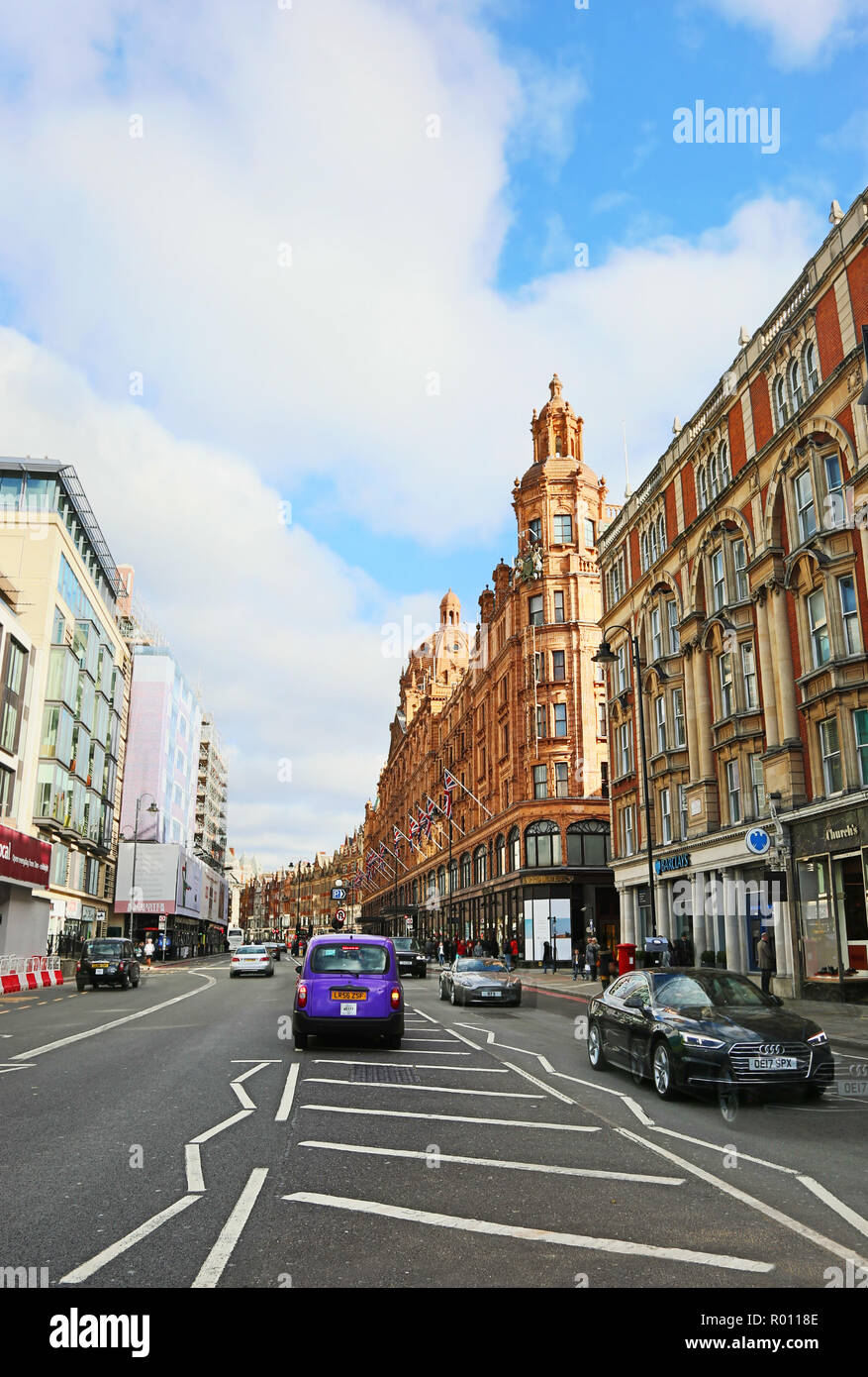 Brompton Rd London the Brompton road with the luxury department store Harrods at ...