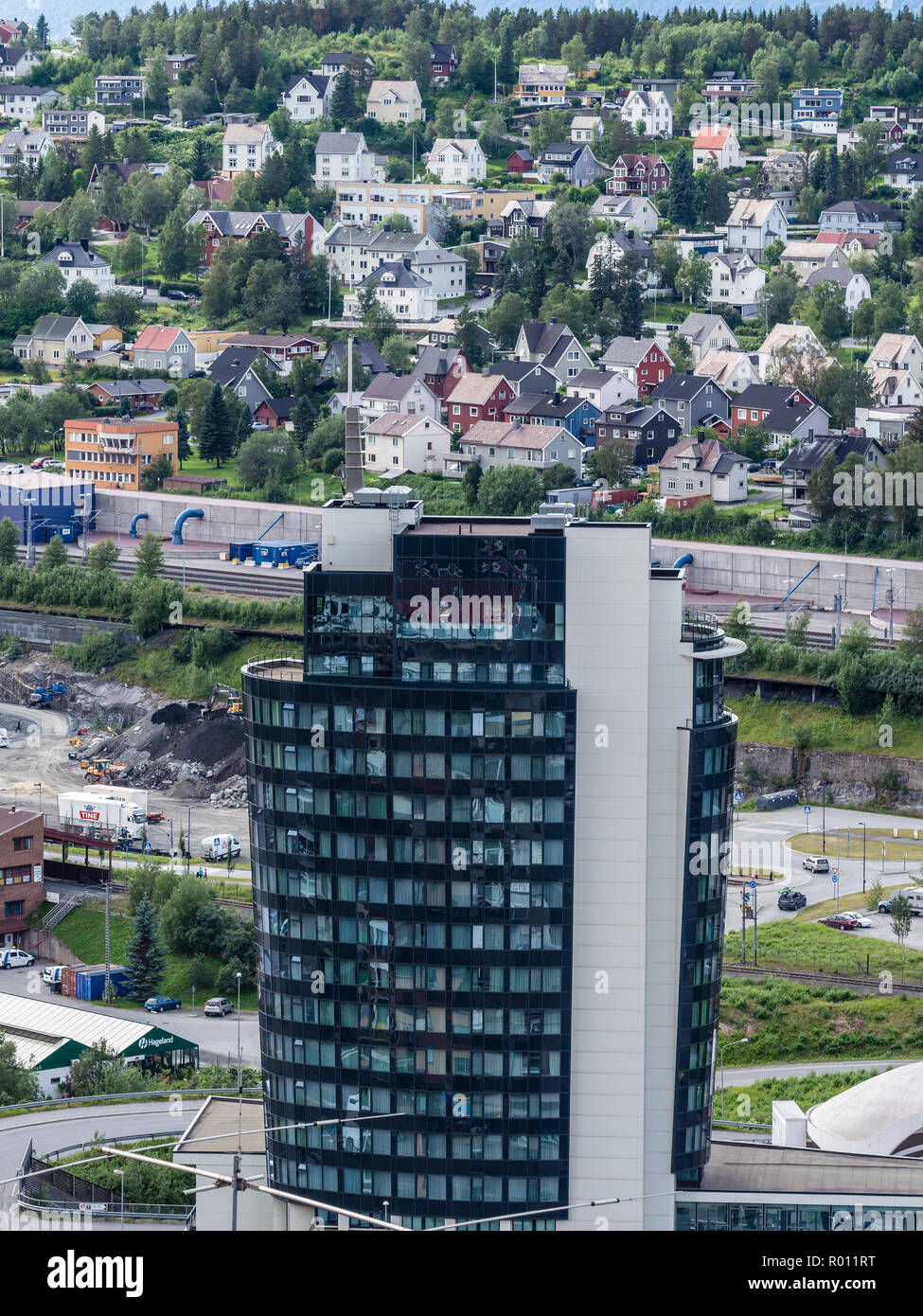 Tower building, Scandic Narvik hotel, Narvik Krigsmuseum, Narvik, Norway. Stock Photo