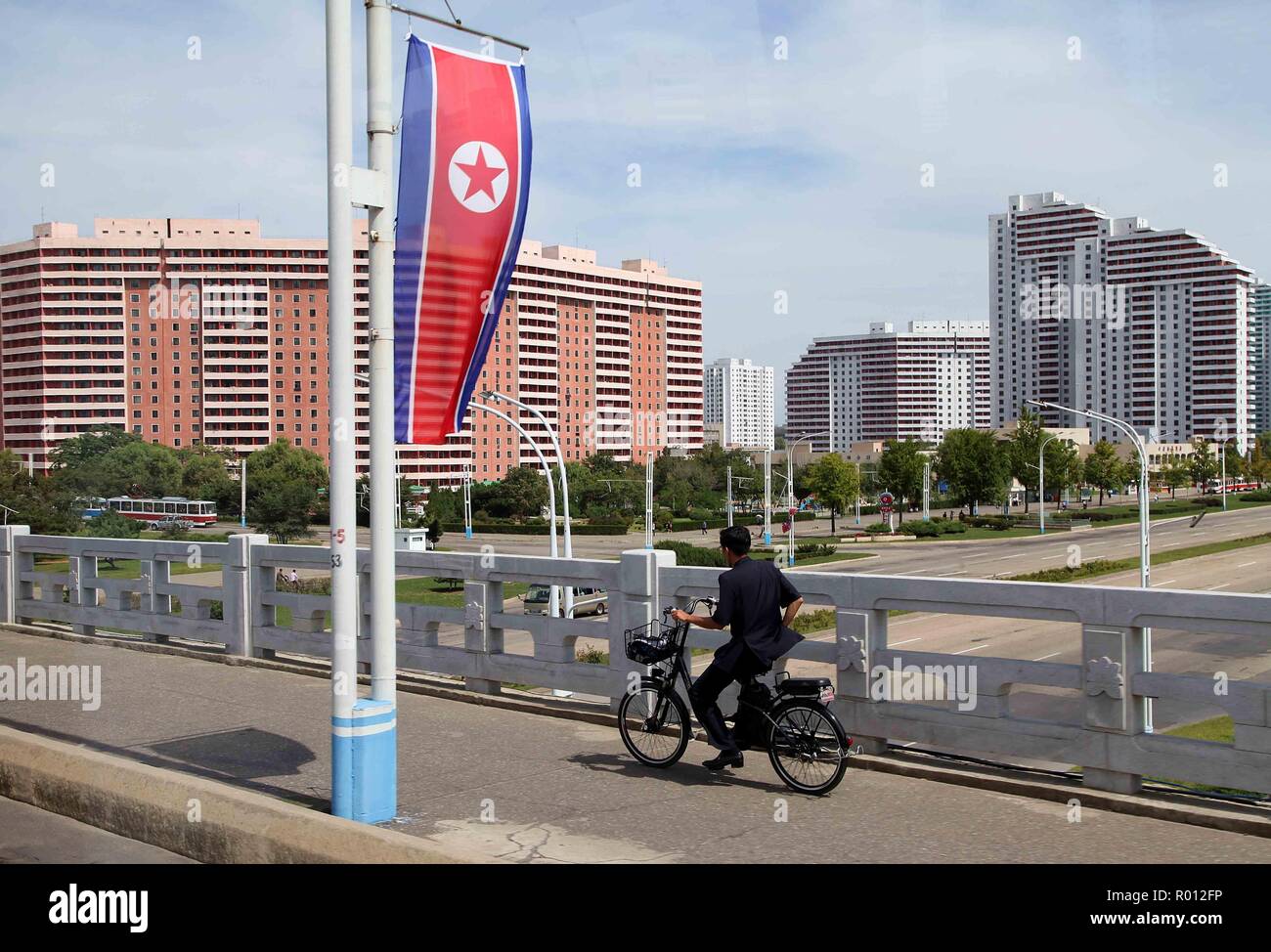 City of Pyongyang in North Korea from a bus window Stock Photo