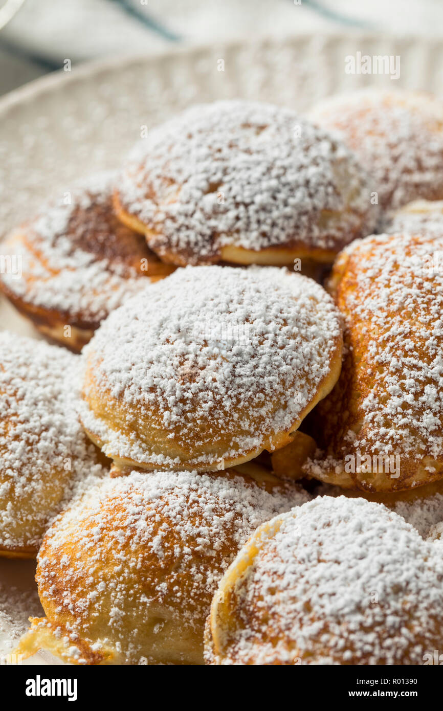 Homemade Dutch Poffertjes Pancakes with Powdered Sugar Stock Photo
