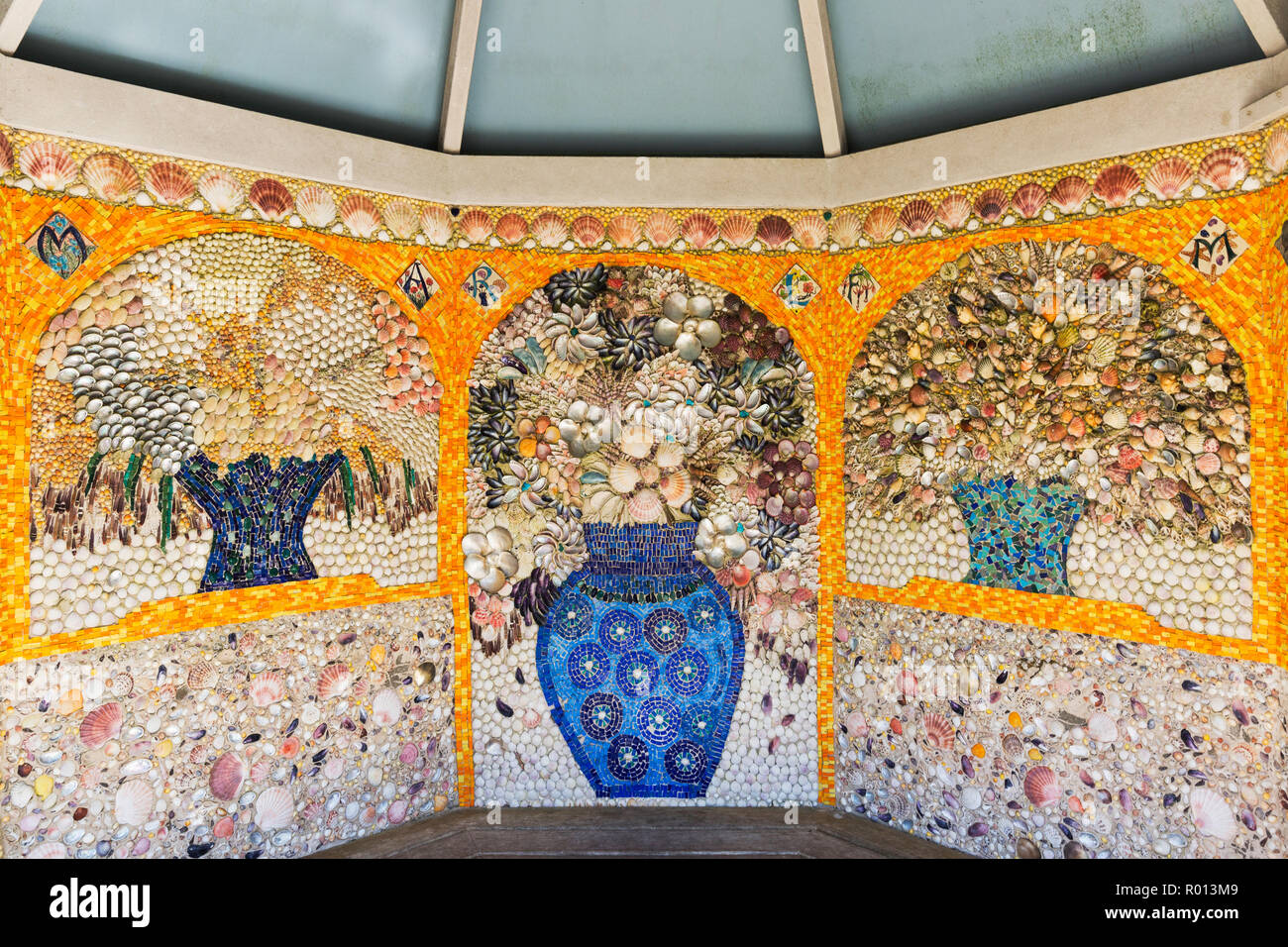 Gazebo decorated with shell artwork at Tresco Abbey Gardens, Isles of Scilly, England. Stock Photo