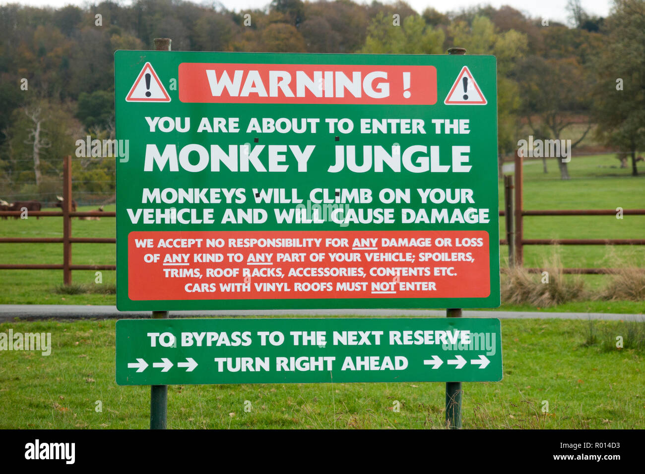 Complete with warning signs for car drivers and vehicle owners, the  entrance to the monkey jungle reserve, part of Longleat Safari Park Trail.  UK (10 Stock Photo - Alamy