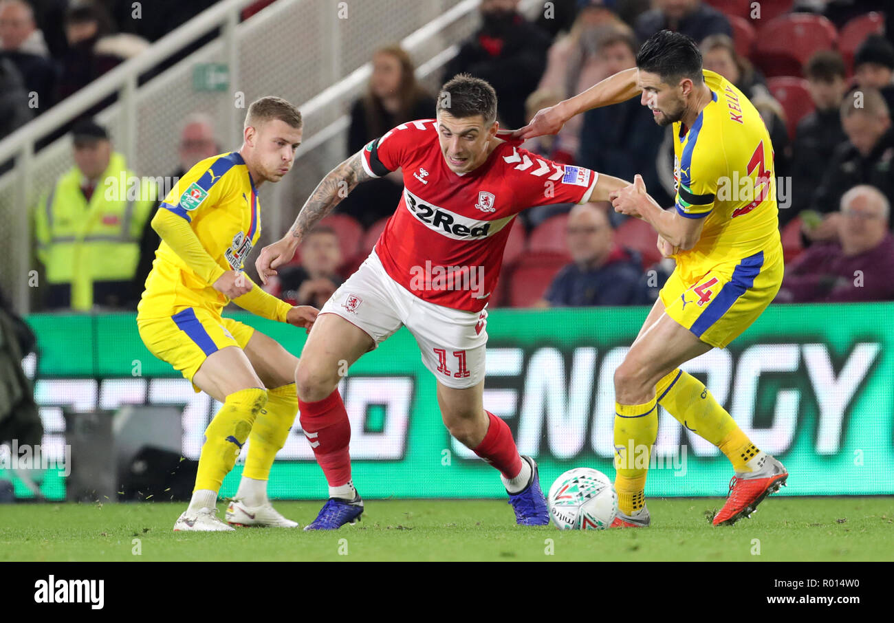 Middlesbrough's Jordan Hugill (centre) battles for the ball with Crystal Palace's Martin Kelly (right) during the Carabao Cup, Fourth Round match at the Riverside Stadium, Middlesbrough. Stock Photo