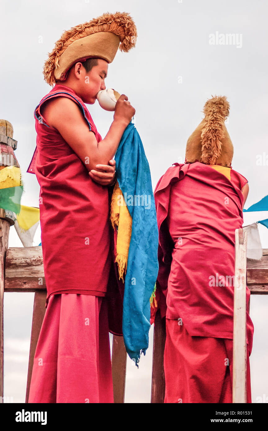 Kharhorin, Central Mongolia - July 27, 2010: Monks at Erdene Zuu Monastery, Ovorkhangai Province. One of largest remaining Buddhist sites in Mongolia. Stock Photo