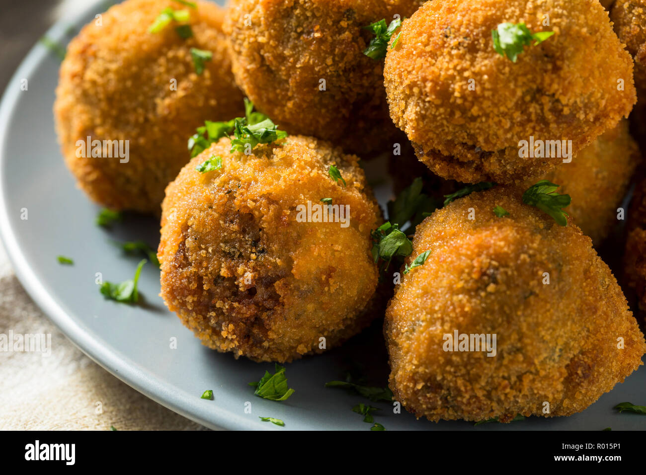 Fried Homemade Dutch Bitterballen with Spicy Mustard Stock Photo