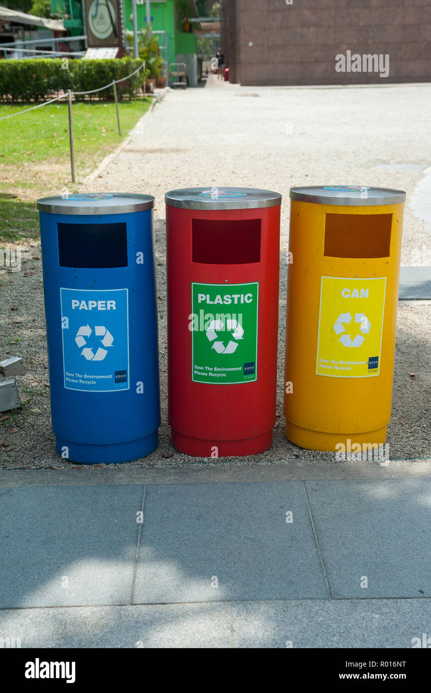 Singapore, Republic of Singapore, Colorful waste bins in Marina Bay Stock Photo Alamy