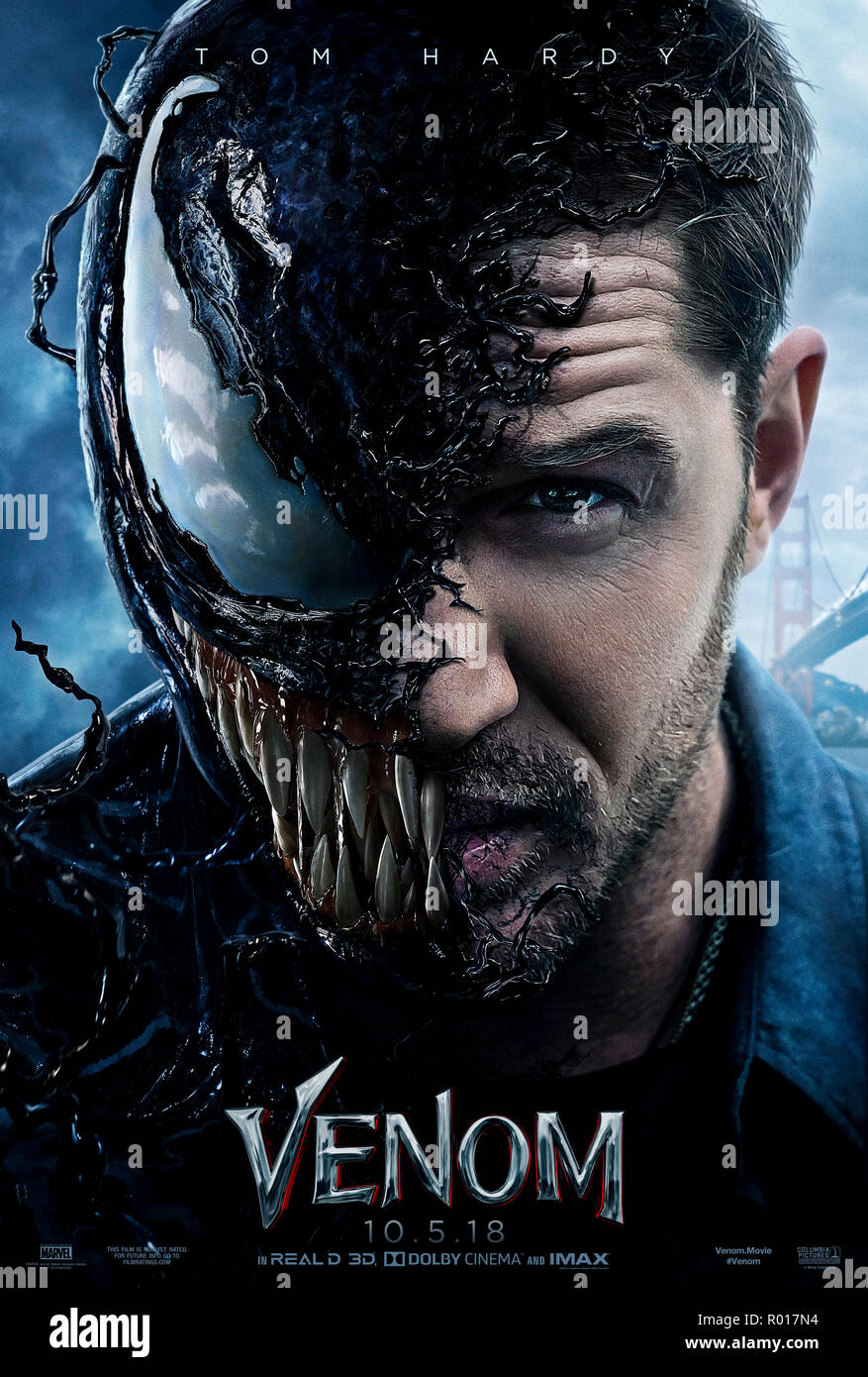 Venom (2018) directed by Ruben Fleischer and starring Tom Hardy, Michelle Williams and Woody Harrelson. Eddie Brock comes into contact with an alien Symbiote and together they become the anti-hero Venom. Stock Photo