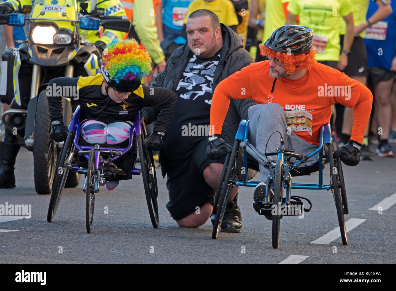 Participants in wheelchairs line up at the start of the Liverpool Scouse 5k run in Liverpool UK 2018. Stock Photo