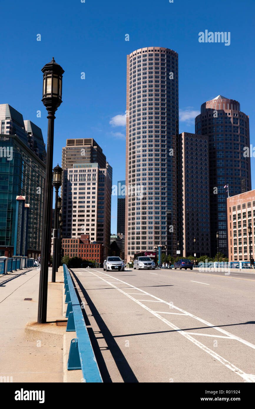 View of the Boston skyline from the South side of the Seaport boulevard  bridge Massachusetts USA Stock Photo - Alamy