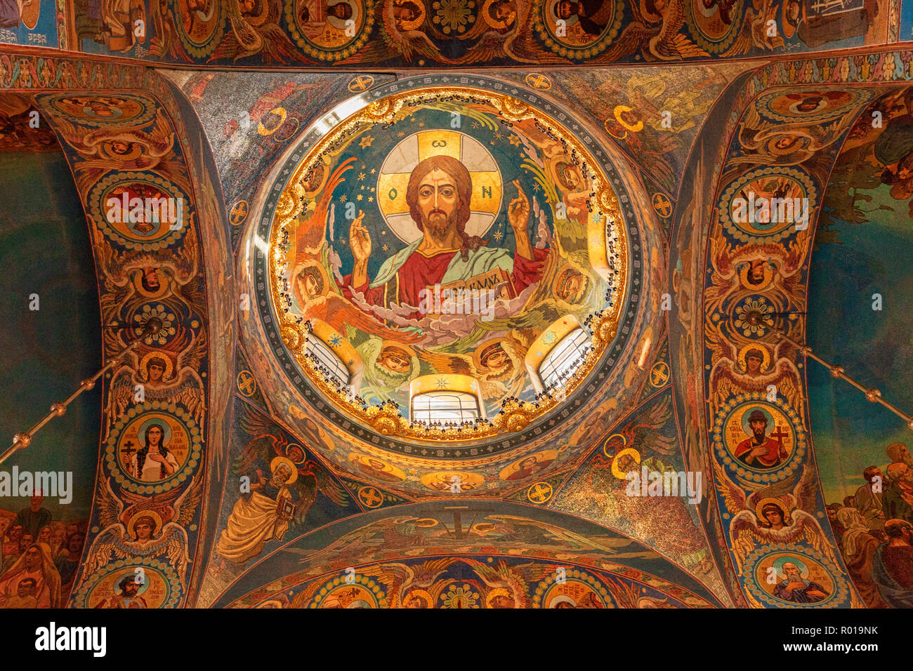 18 September 2018: St Petersburg, Russia - Jesus Christ, interior of the Church of the Saviour on the Spilled Blood, from directly below. Stock Photo