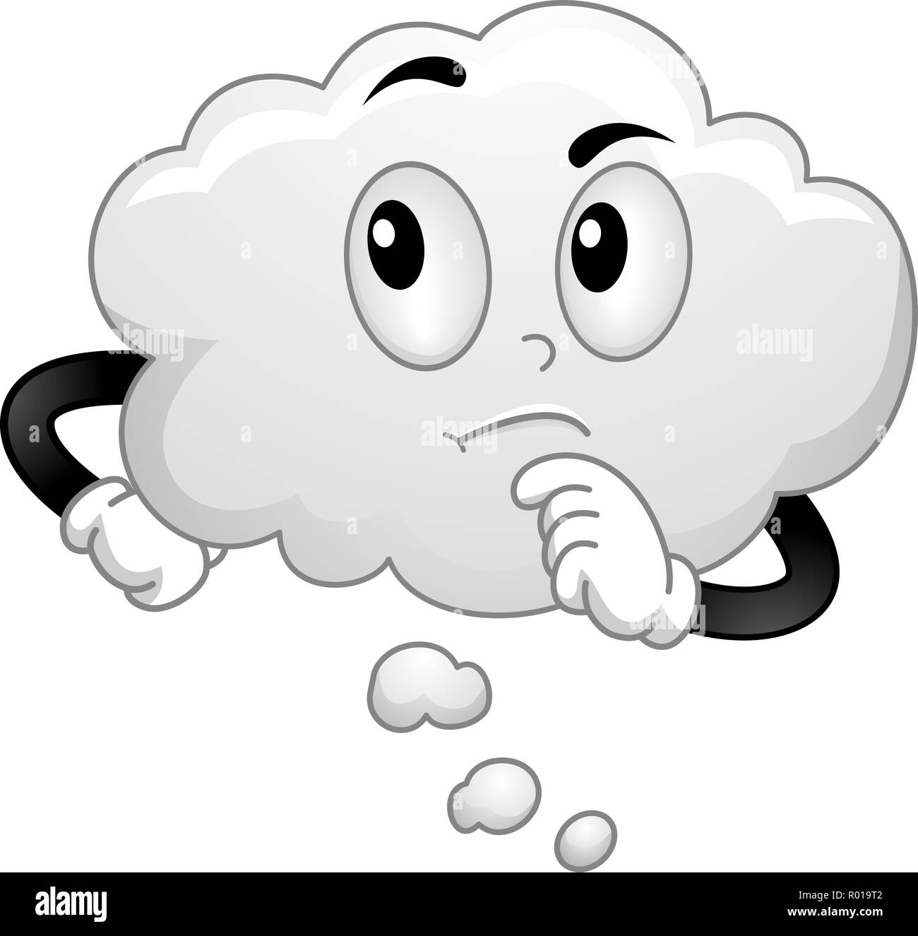 Illustration of a White Thinking Cloud Mascot with Hand on Chin Stock