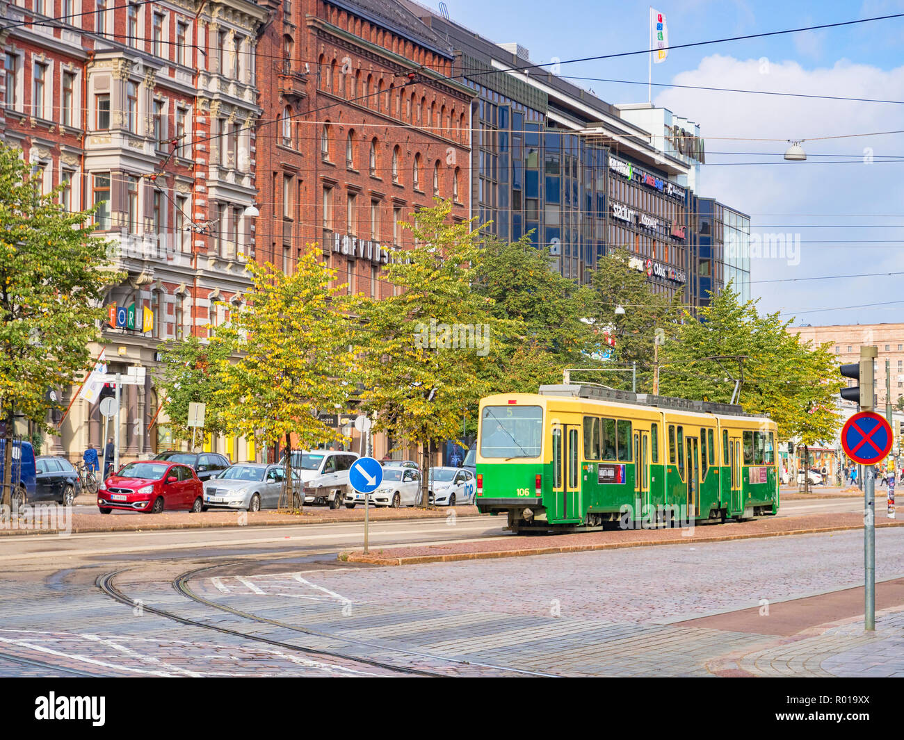 20 September 2018: Helsinki, Finland - Tram in the central city. Stock Photo