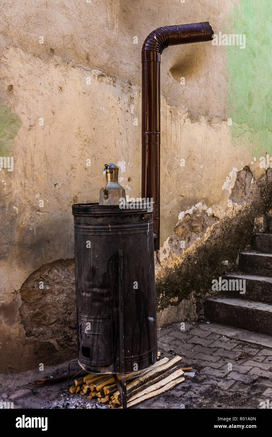 Traditional outdoor wood fired cooking stove in Sansarak, Iznik