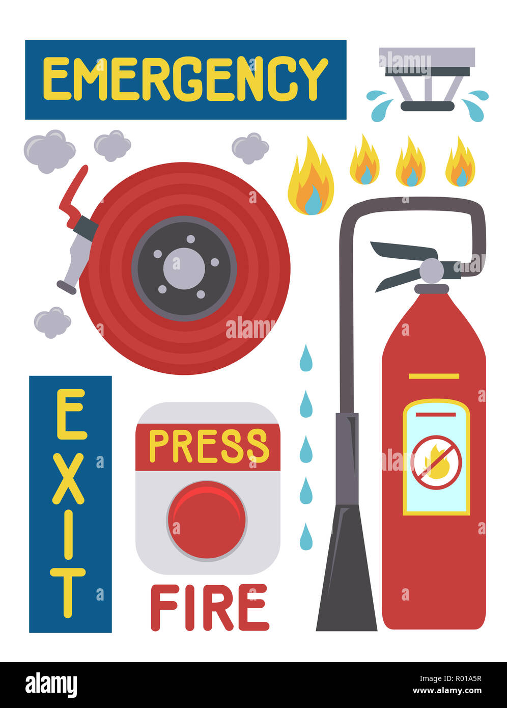 Illustration of Fire Emergency Elements like Fire Alarm, Fire