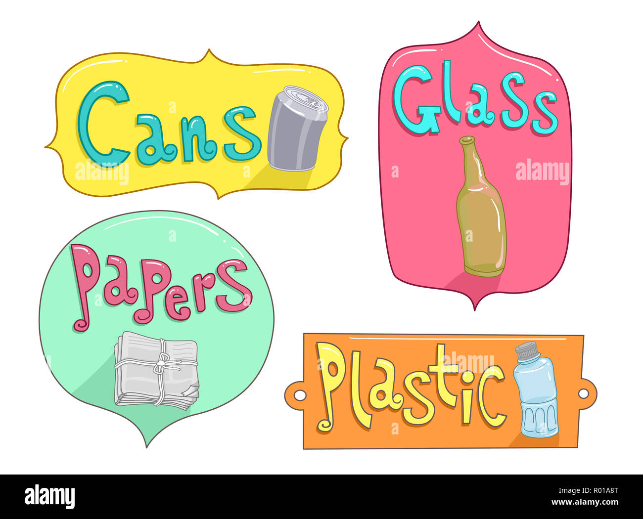 Illustration of Different Recycling Labels for Cans, Glasses, Papers