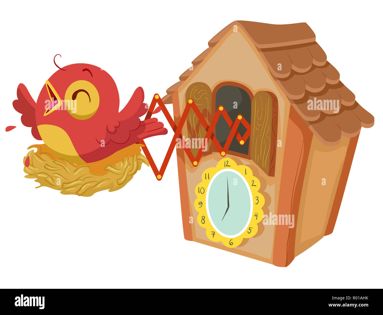 Illustration of a Wooden Cuckoo Clock with a Red Bird Chirping Every