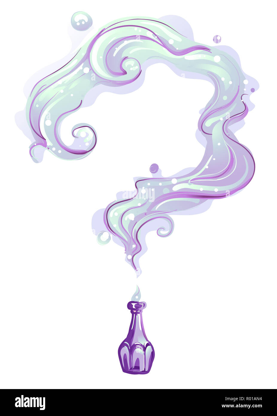 Illustration of an Antique Purple Bottle with Smoke Coming Out Forming a Question Mark Stock Photo