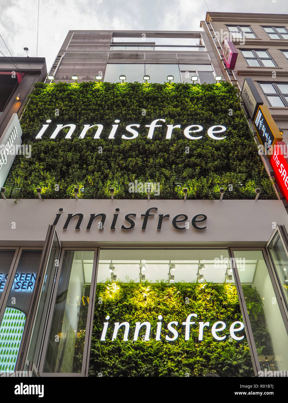 October 2018 - Seoul, South Korea: Large store of the South Korean skincare brand Innisfree in Seoul's main shopping area Myeong-dong Stock Photo