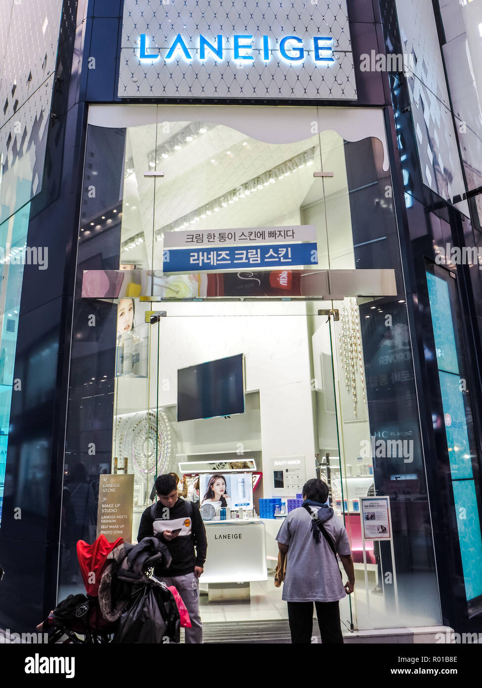 October 2018 - Seoul, South Korea: Flagship store of the South Korean skincare brand Laneige, owned by Amore Pacific, in Myeongdong shopping district Stock Photo