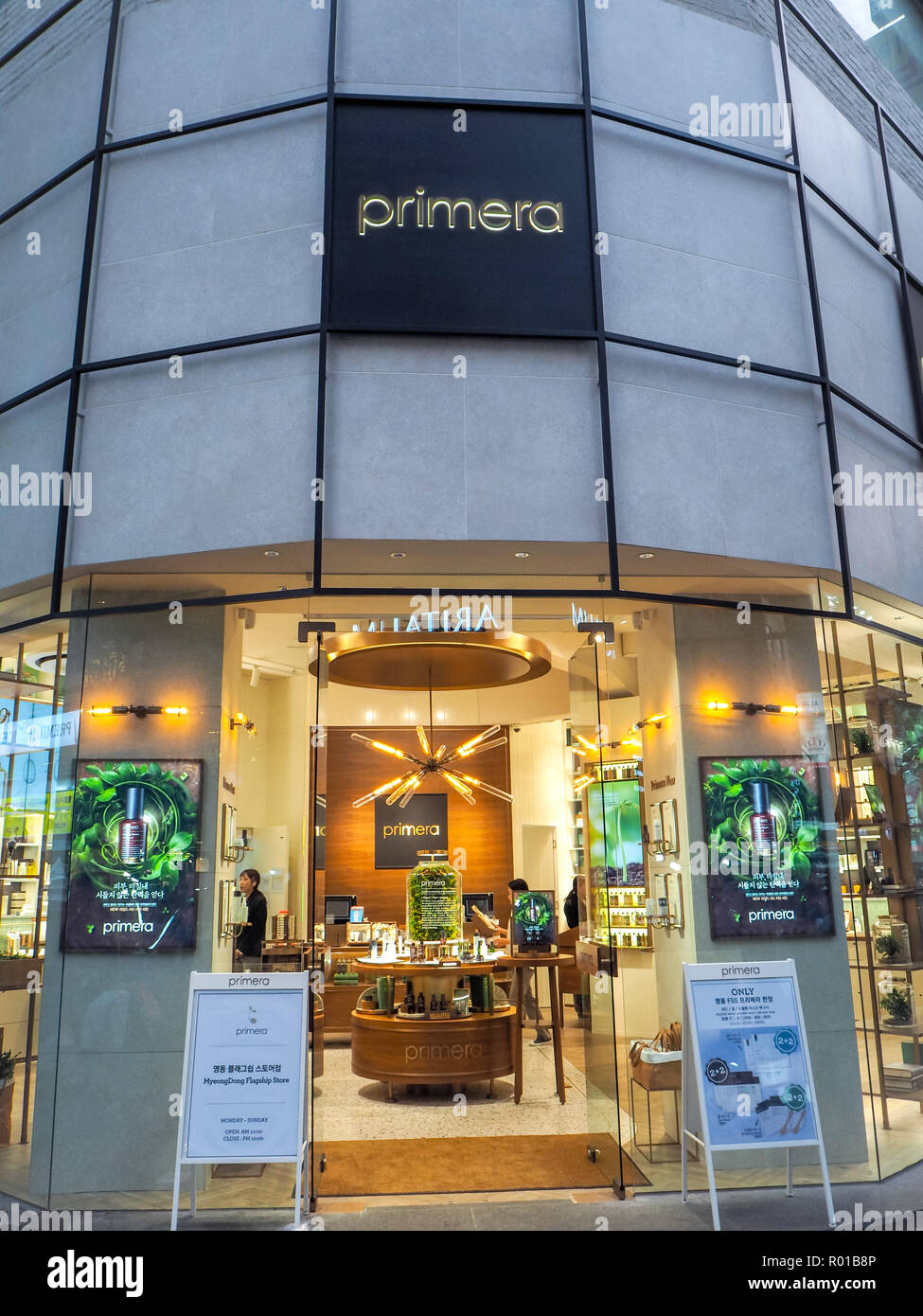 October 2018 - Seoul, South Korea: The flagship store of the South Korean luxury brand Primera in Myeongdong district in Seoul Stock Photo