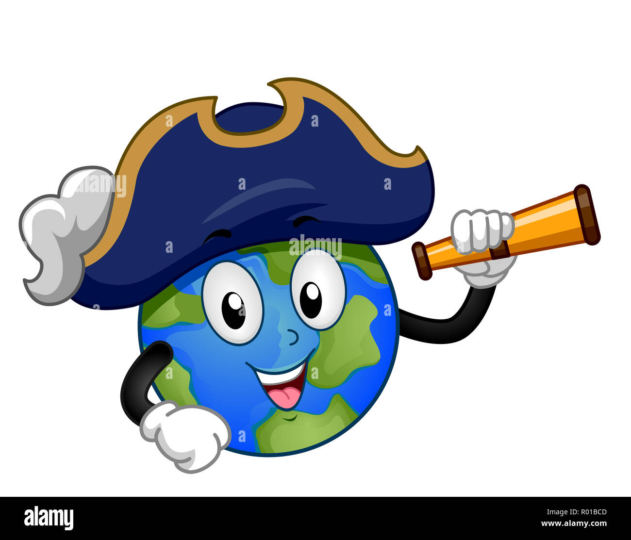 Illustration of an Earth Mascot Wearing a Pirate Captain Hat and Holding a Hand Telescope Stock Photo