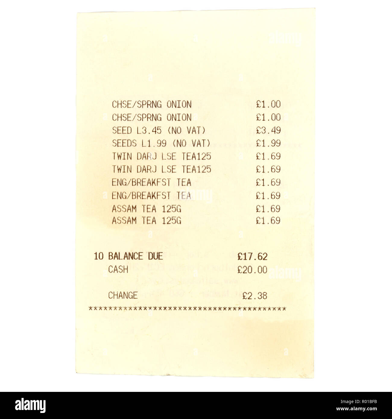 British supermarket receipt bill with prices in Pounds (GBP) Stock Photo